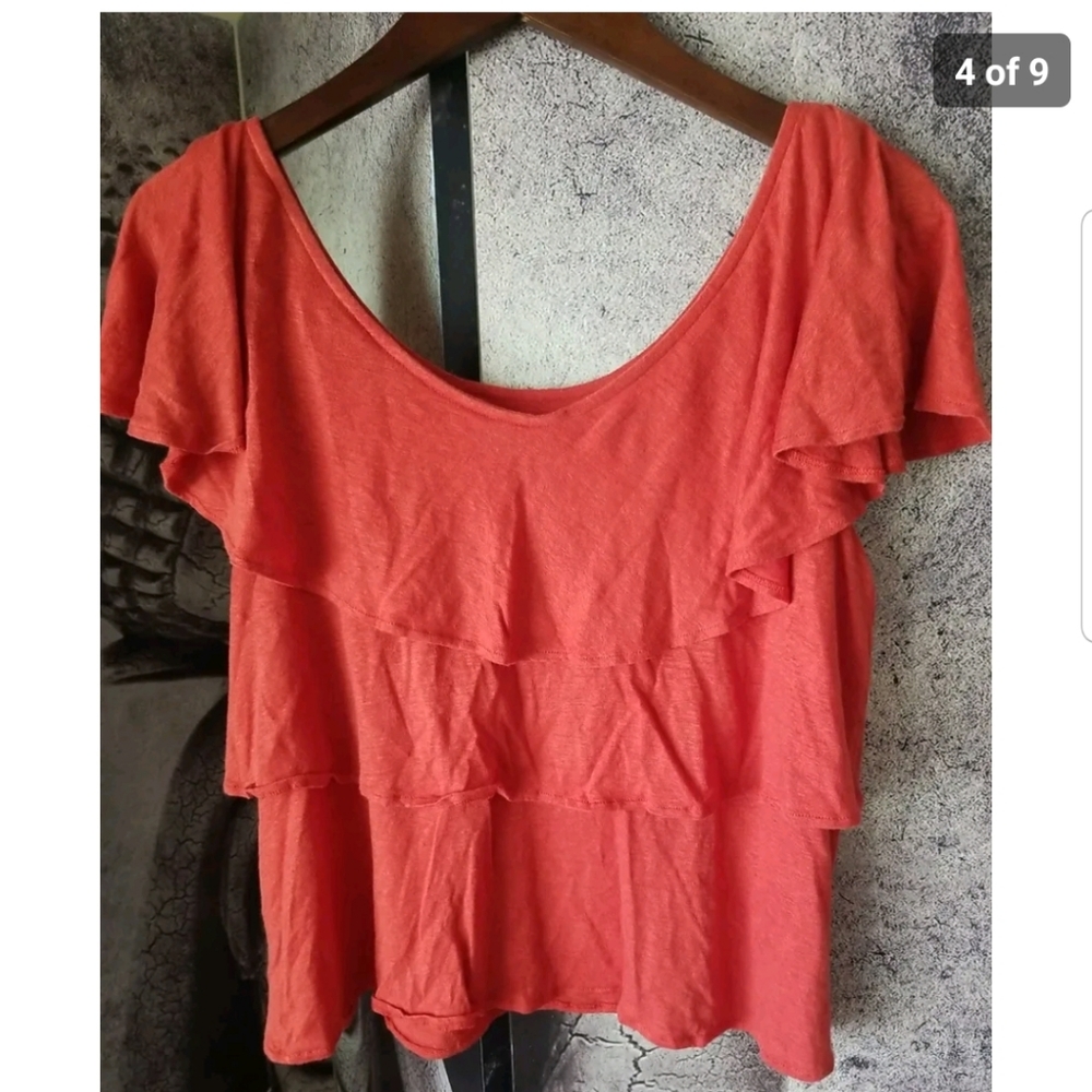 PUROTATTO Women's Scoop Neck Tiered Short Sleeve Linen Top‎ Size XS ITALY